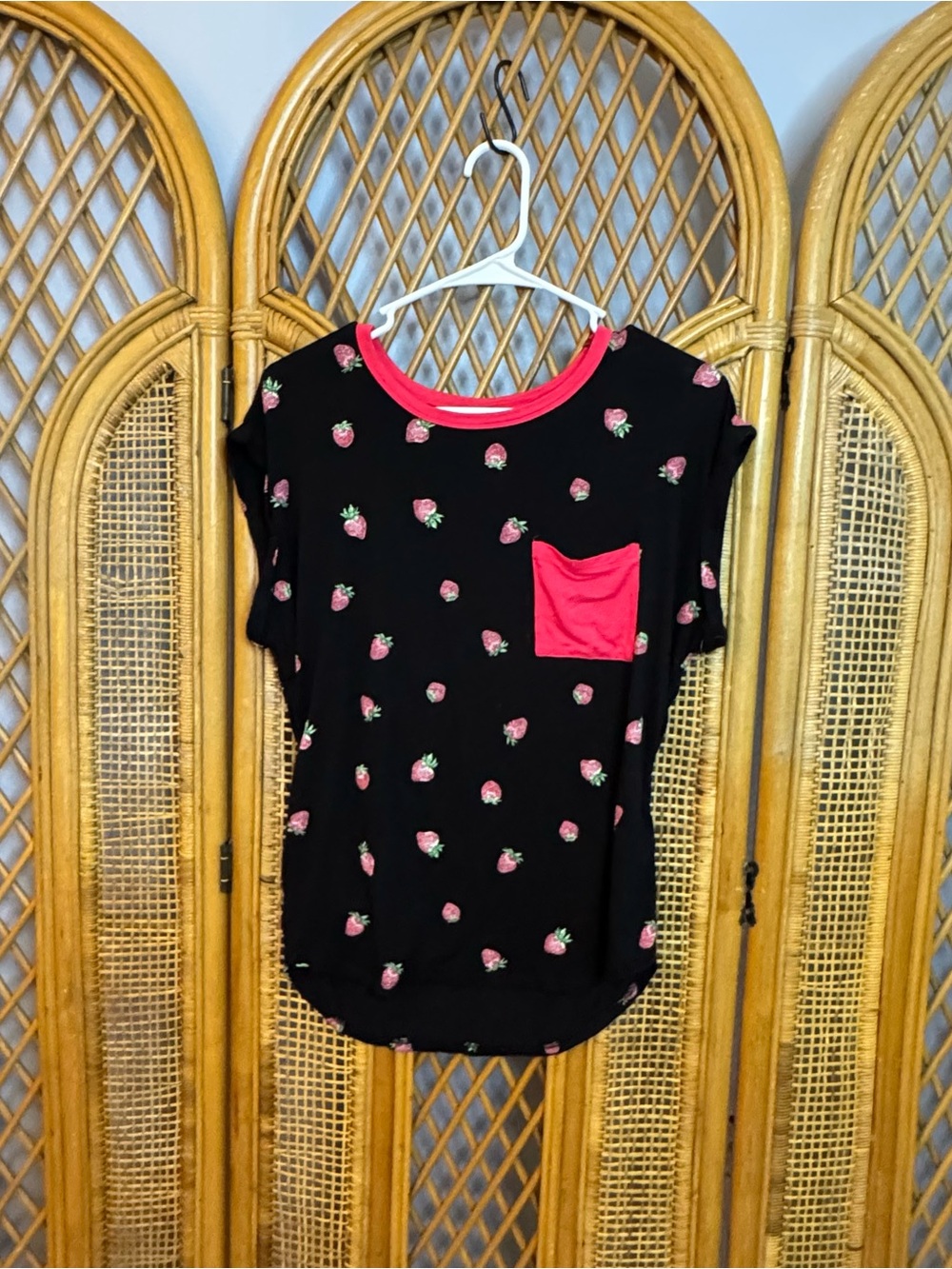 No Boundaries Black Tee with Pink Strawberry Print and Pink Pocket